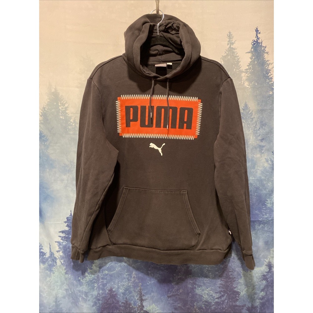 PUMA Black Logo Fleece Pullover Hoodie XL Hooded Pockets Men's Long Sleeve